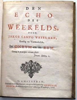 Den Echo Des Weerelds 1726 Jakob Campo Weyerman Vellum band - 1