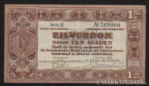 Zilverbon 1 gulden uit 1938, serie JE nummer 769960 - 1