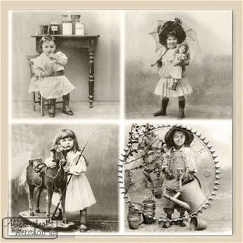 Servet 066 nostalgische prentjes meisjes met POES 33cm (per stuk) - 2