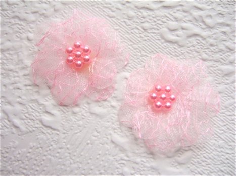 Dubbel organza bloemetje met parel bloemetje ~ 3 cm ~ Roze - 1