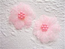 Dubbel organza bloemetje met parel bloemetje ~ 3 cm ~ Roze