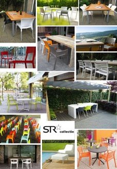 Kunststof design stoelen in diverse kleuren.