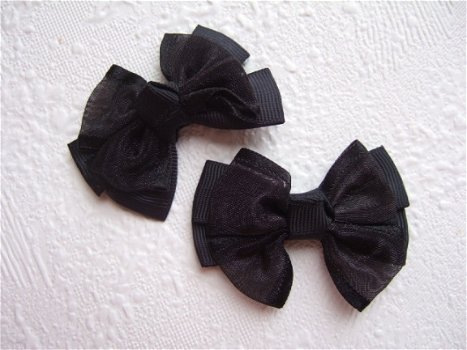 Grote grosgrain met organza strik ~ 6 cm ~ Zwart - 2