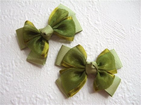 Grote grosgrain met organza strik ~ 6 cm ~ Mos groen - 2