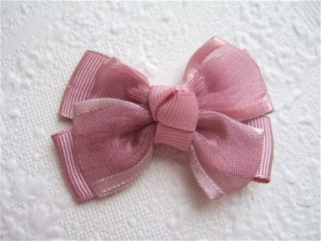 Grote grosgrain met organza strik ~ 6 cm ~ Oud roze - 1