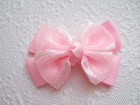 Grote grosgrain met organza strik ~ 6 cm ~ Licht roze - 1