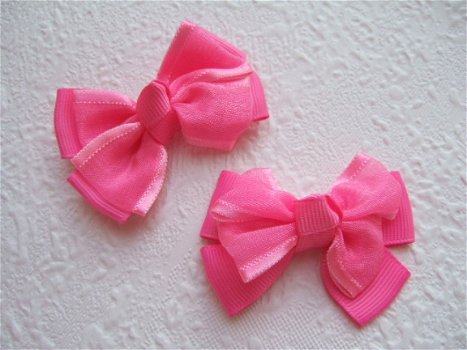 Grote grosgrain met organza strik ~ 6 cm ~ Donker roze - 2