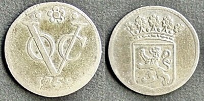 Halve zilveren VOC duit Holland 1759 - 1