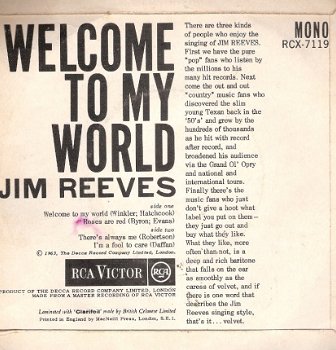 Jim Reeves – Vinyl Ep - Welcome To my world (+ Roses Are Red ea) vinyl EP C&W - 2