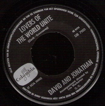 David and Jonathan-Lovers Of The World Unite- Oh My Word -1966- vinyl single SIXTIES - 1