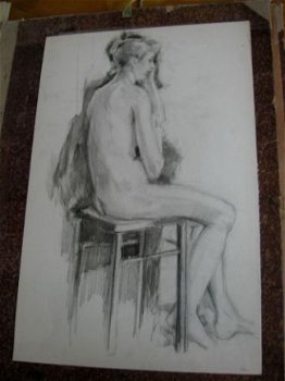 Denkende naakte vrouw op kruk - (Jeannette Prins 1902 -) - 1