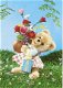 retro kaart teddybeer aan de wandel met bos bloemen - 1 - Thumbnail