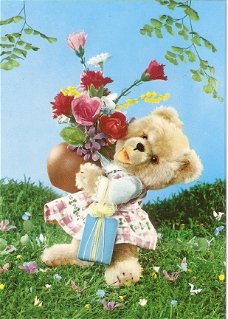 retro kaart teddybeer aan de wandel met bos bloemen