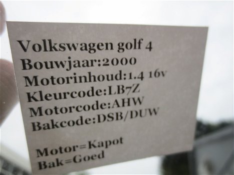 VW Golf 4 1.4 16V 2000 Onderdelen en Plaatwerk kleurcode LB7Z - 7