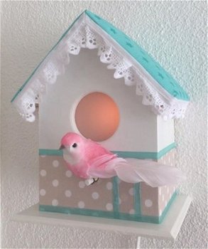 Vogelhuisje met lampje in mintgroen-taupe - 1