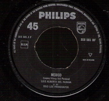 Luis Alberto Del Parana Y Su Trio Los Paraguayos - Mexico - Guadalupe -vinylsingle 1961 -LATIN - 1