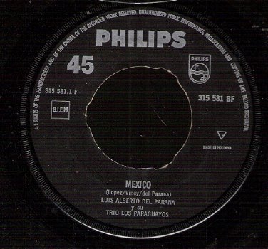 Luis Alberto Del Parana Y Su Trio Los Paraguayos - Mexico - Guadalupe -vinylsingle 1961 -LATIN - 1