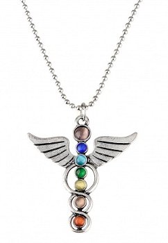 chakra hanger spirituele tibet zilveren pendant met engel vleugels en 7 kleuren edelstenen - 1