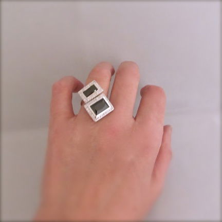 NIEUW Zilveren RING 2x rechthoek, zwart/wit zirkonia. INCLUSIEF VERZENDEN! - Afbeelding 3