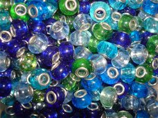 50 stuks glasbedels voor Pandora, Trollbeads e.d. in blauw-groen-turquoise