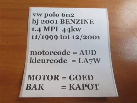 VW Polo 5drs 6N2 1.4 MPI 2001 Onderdelen en Plaatwerk LA7W - 5