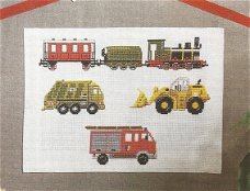 Borduurpatroon brandweerauto,locomotief,vrachtauto en buldozer