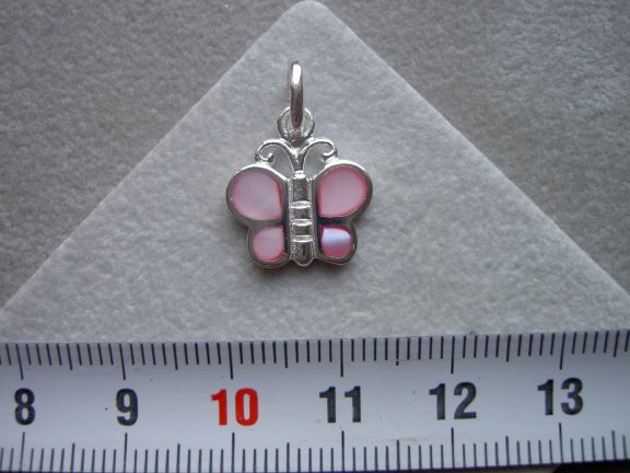 Zilveren vlinder (groot) parelmoer 14mm hanger roze - nr. 1