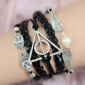 Harry Potter armband Deathly Hallows + bedels (zwart) - 1