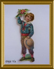 Antiek poezieplaatje : jongen met hoed en bloemen