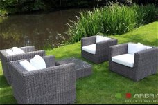 Loungeset lounche stoel fauteuil zetel tuin terras grijs riet aanbieding.