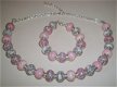 Ketting en armband van grote kralen roze-grijs natuursteen - 3 - Thumbnail