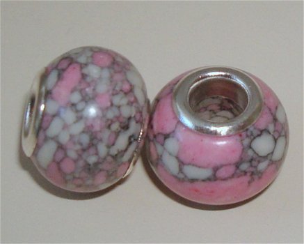Ketting en armband van grote kralen roze-grijs natuursteen - 7