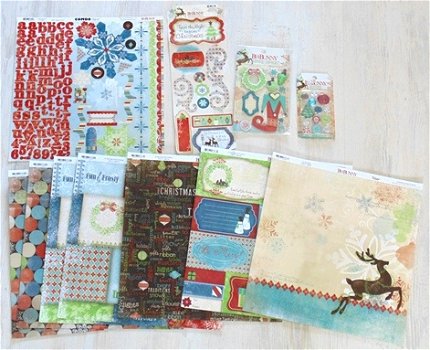 SALE! NIEUW Set Scrapbookpapier + embelishments Blitzen Winter / Kerst by Bo Bunny. - 1