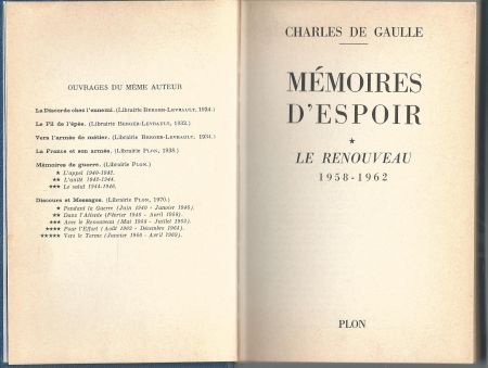 CHARLES DE GAULLE**MEMOIRES D' ESPOIR**1958-1962**PLON - 2