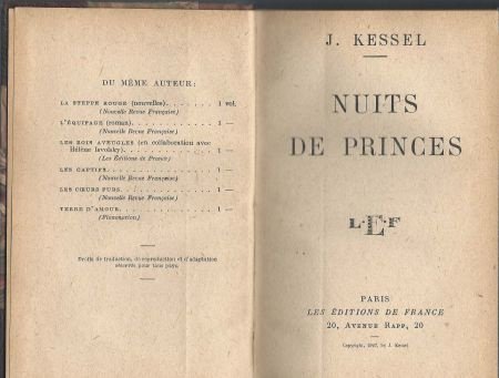 J. KESSEL**NUITS DE PRINCES**HARDCOVER **EDITIONS DE FRANCE* - 1