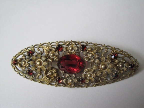 Broche antiek Tsjechisch filigrain helder rood kristal rijnsteen 7.0x2.5 cm - Afbeelding 2