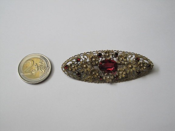 Broche antiek Tsjechisch filigrain helder rood kristal rijnsteen 7.0x2.5 cm - Afbeelding 6