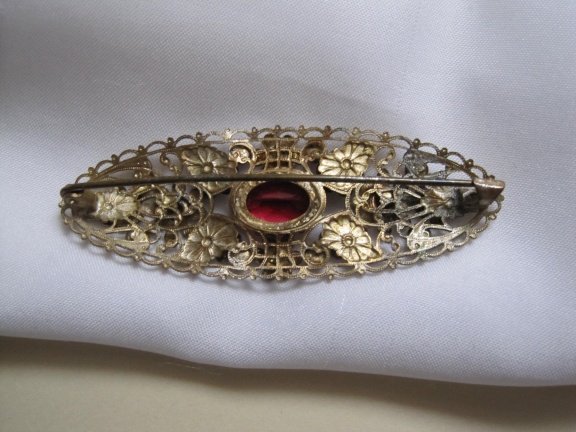Broche antiek Tsjechisch filigrain helder rood kristal rijnsteen 7.0x2.5 cm - Afbeelding 7