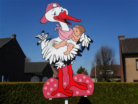 Nieuw geboortebord ooievaar op nest met baby een meisje - 4