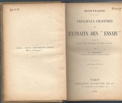 MONTAIGNE**PRINCIPAUX CHAPITRES ET EXTRAITS DES ESSAIS**1902 - 2