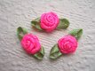 Mooi satijnen roosje met blad ~ 10 mm ~ Neon roze - 1 - Thumbnail