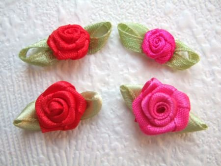 Mooi satijnen roosje met blad ~ 10 mm ~ Neon roze - 6