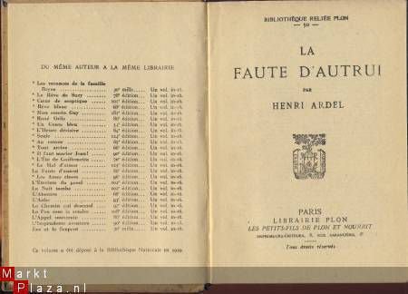 HENRI ARDEL**LA FAUTE D'AUTRUI** LIBRAIRIE PLON HARDCOVER - 1