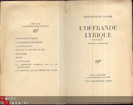 RABINDRANATH TAGORE**L'OFFRANDE LYRIQUE*1959*NRF GALLIMARD - 2
