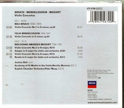 2-CD - BRUCH, MOZART, MENDELSSOHN - Joshua Bell, viool - 1