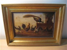 Kippen en een pauw - olieverf op paneel - H. van Tankeren - c. 1920