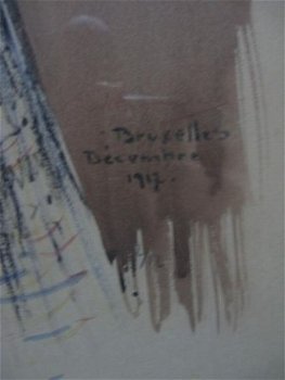 Authentieke lithografie / waterverf: Bruxelles Décembre 1917 - 2