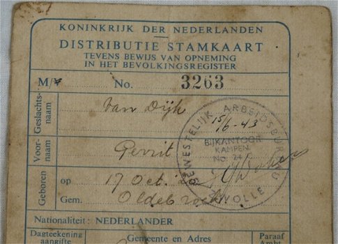 Distributie Stamkaart (Eerste model), IJsselmuiden, 1939.(Nr.1) - 2