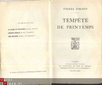 PIERRE PIRARD**TEMPETE DE PRINTEMPS**MCMXLI**LIBRAIRIE PLON* - 2