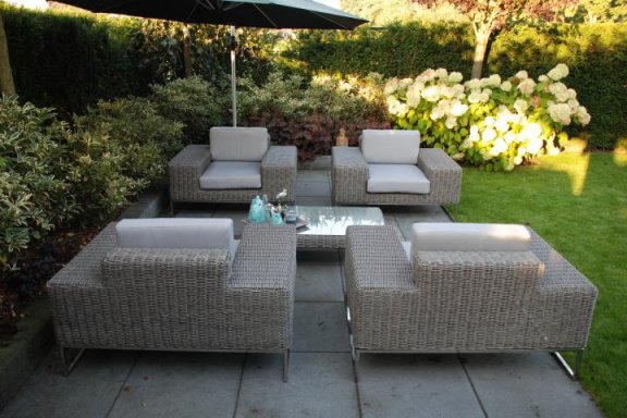 syndroom Frons Bungalow Lounge stoel lounche fauteuil set zetel tuin terras grijs speciale  aanbieding.